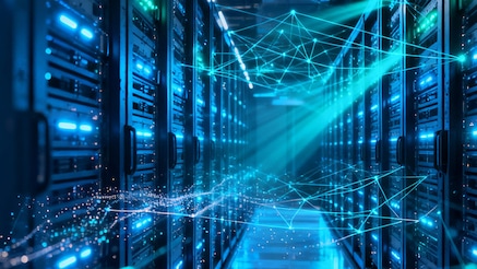 Server racks connected by beams of light