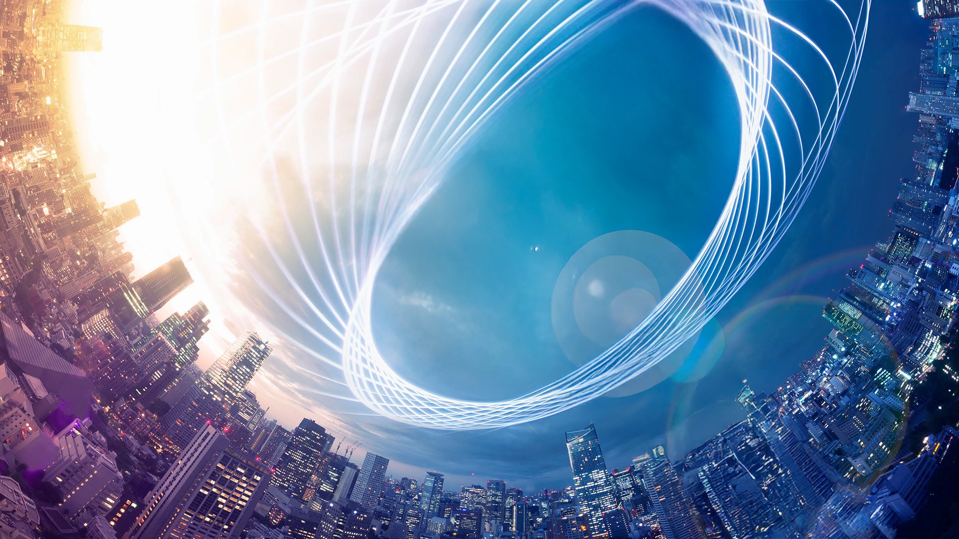 Fisheye lens view of cityline