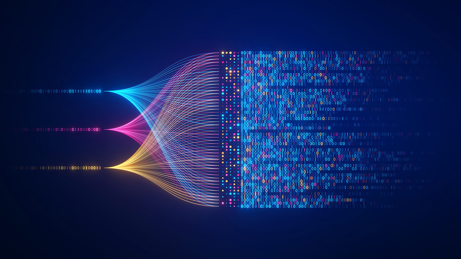Abstract data stream transforming binary code into colorful digital network on dark blue background