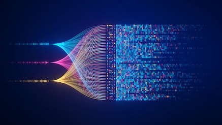 Abstract data stream transforming binary code into colorful digital network on dark blue background