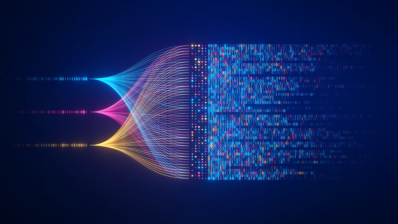 Abstract data stream transforming binary code into colorful digital network on dark blue background