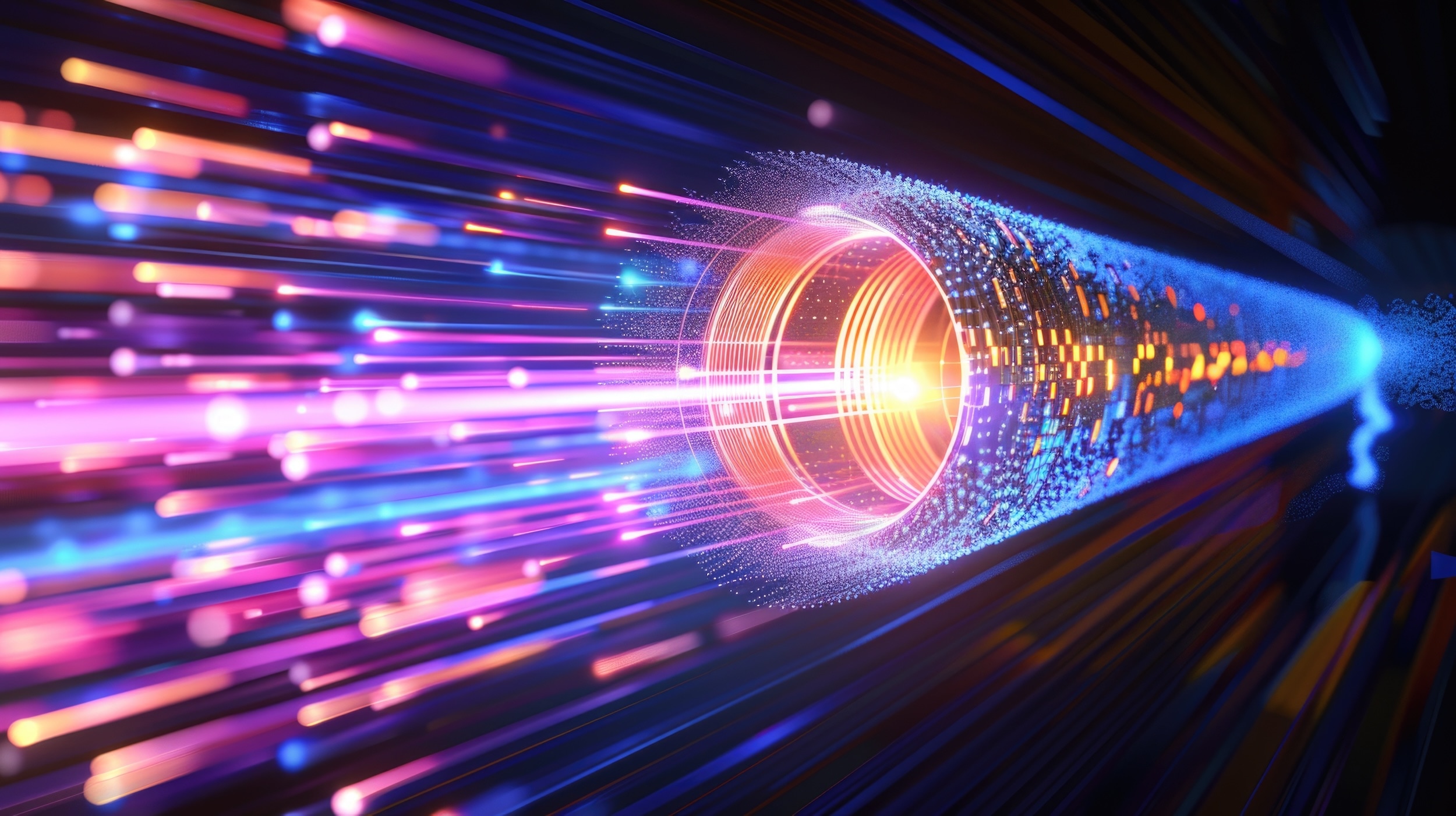 Abstract fiber optic light tunnel with glowing data streams, high-speed digital connection, futuristic technology concept