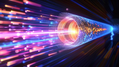 Abstract fiber optic light tunnel with glowing data streams, high-speed digital connection, futuristic technology concept
