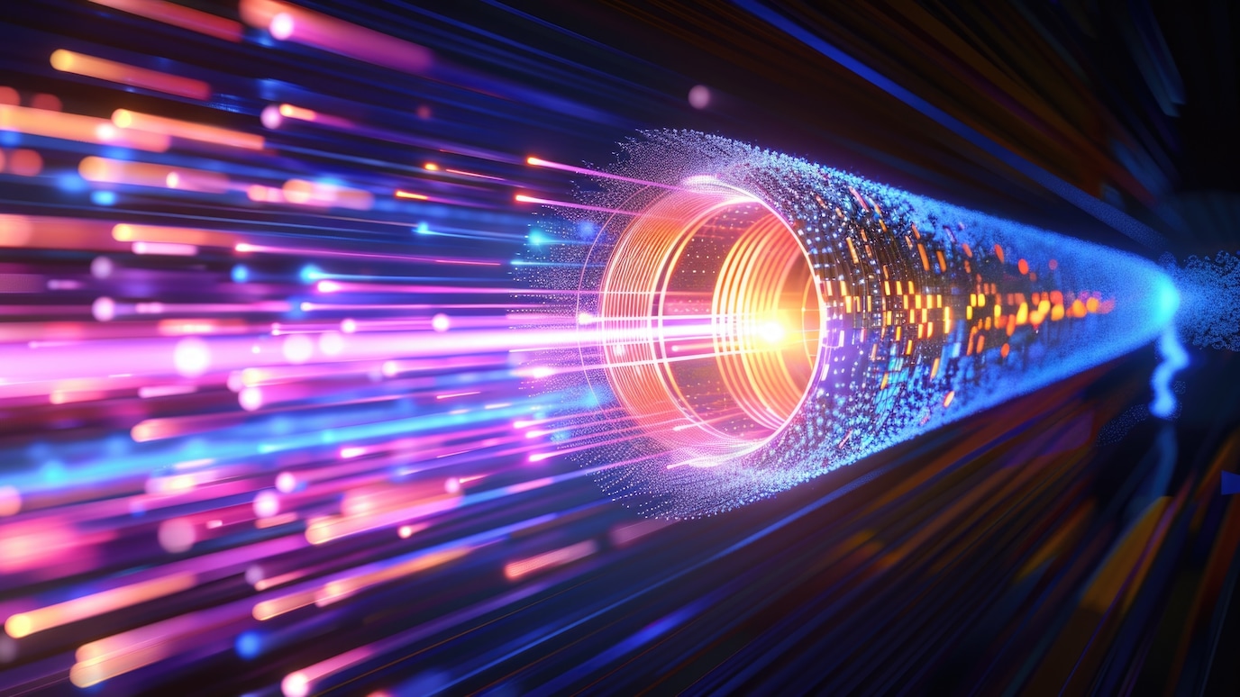 Abstract fiber optic light tunnel with glowing data streams, high-speed digital connection, futuristic technology concept