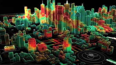 3D digital twin cityscape with neon heatmap buildings and data grid visualization at night