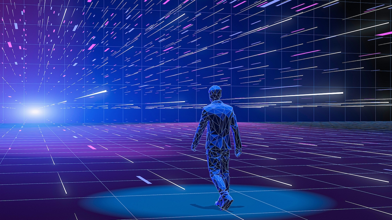 robot walking in blue and purple light