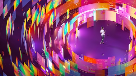 Illustration of person encircled by screens full of data