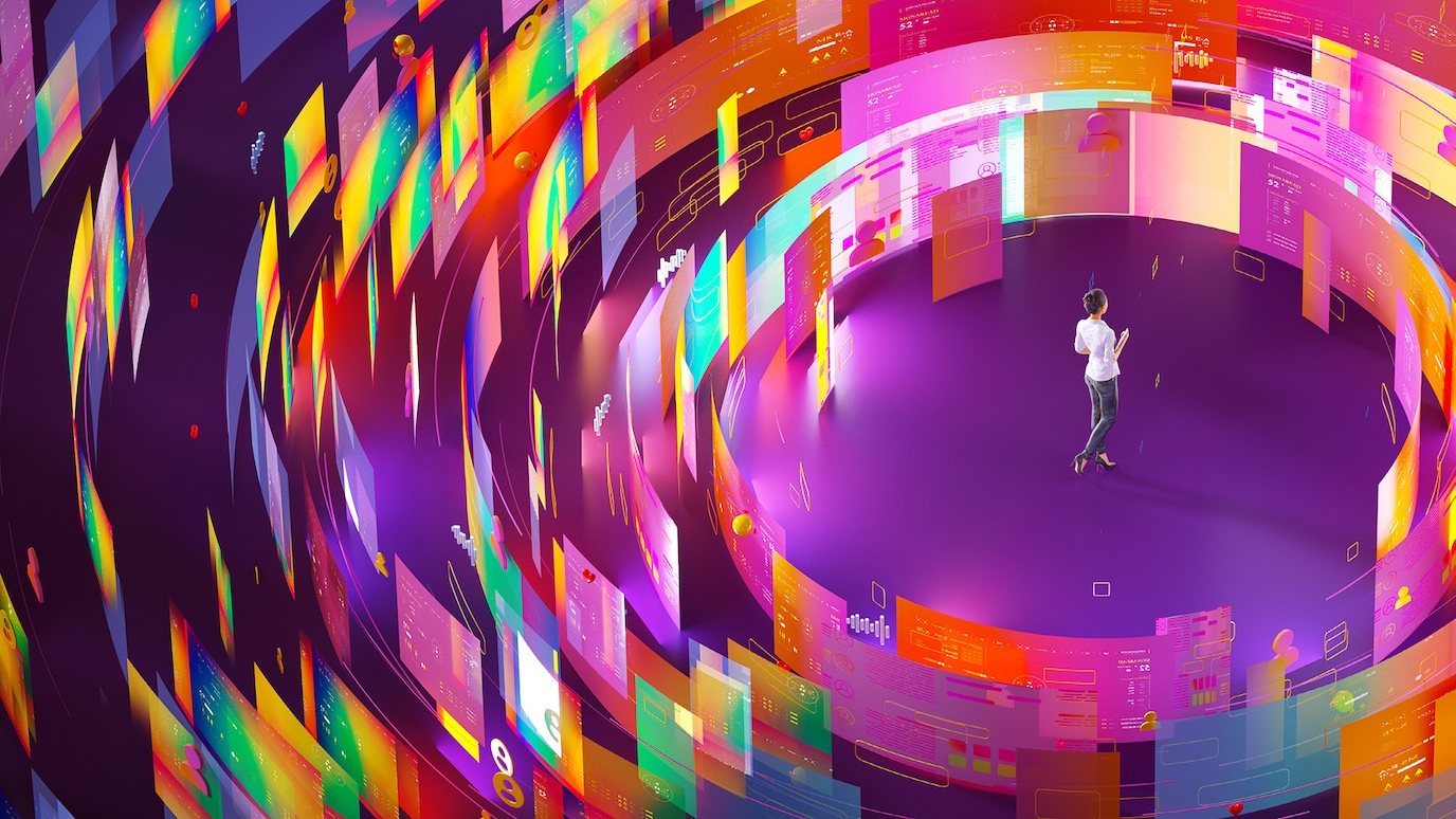 Illustration of person encircled by screens full of data