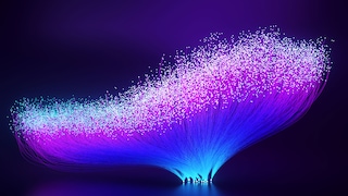 Lit fibre optic cables fanned out like a fishtail