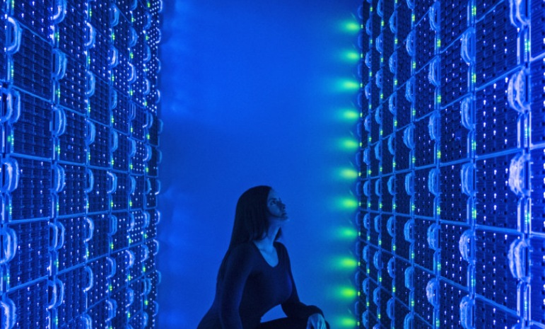 women looking at data center