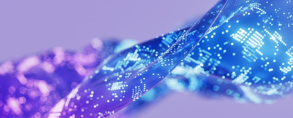 Abstract blue and purple digital wave with glowing dots forming a global network pattern