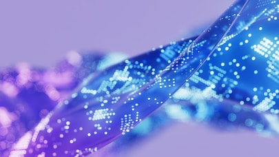Abstract blue and purple digital wave with glowing dots forming a global network pattern