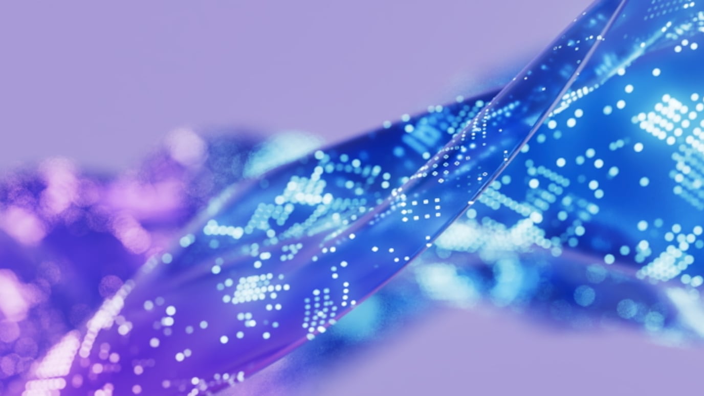 Abstract blue and purple digital wave with glowing dots forming a global network pattern