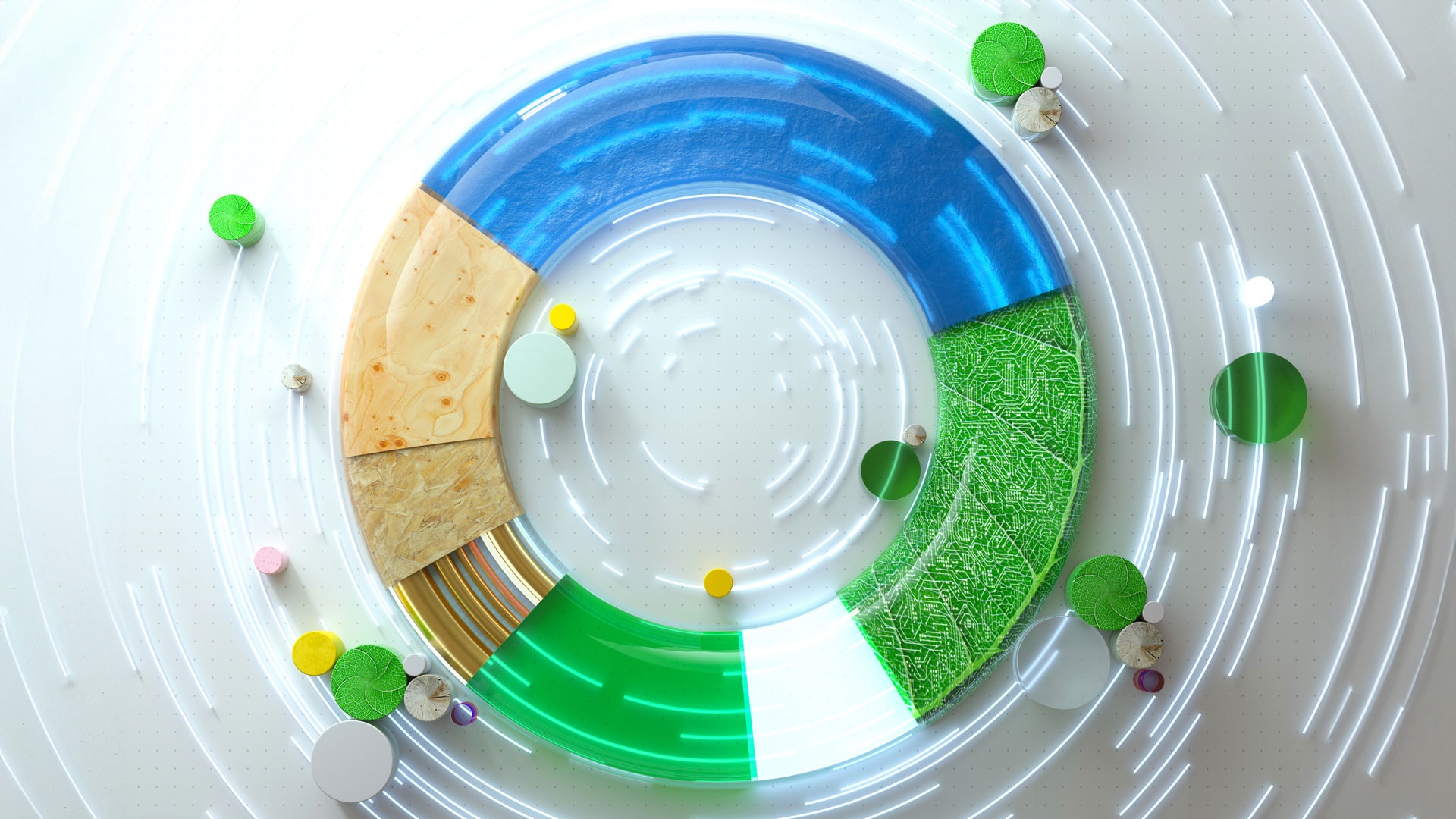 Circular infographic with segments in blue, green, wood, and circuit pattern, surrounded by abstract dots and motion lines.