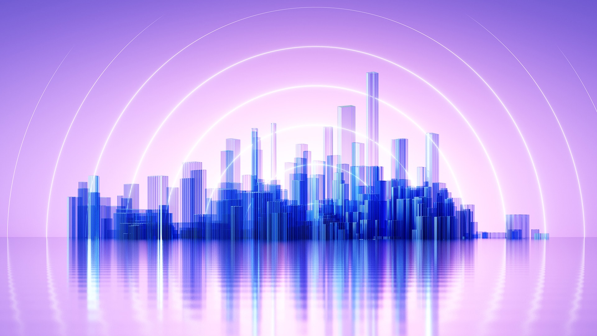 Abstract neon blue city skyline with concentric signal waves over reflective water background