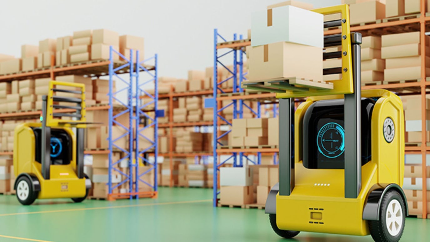 AI-controlled forklifts pack boxes in a warehouse
