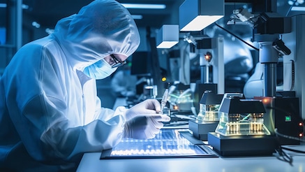 person manipulating semiconductor in clean lab