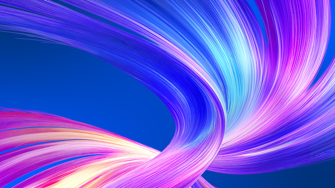 Abstract flowing neon ribbons in purple, pink, and blue on a deep blue background