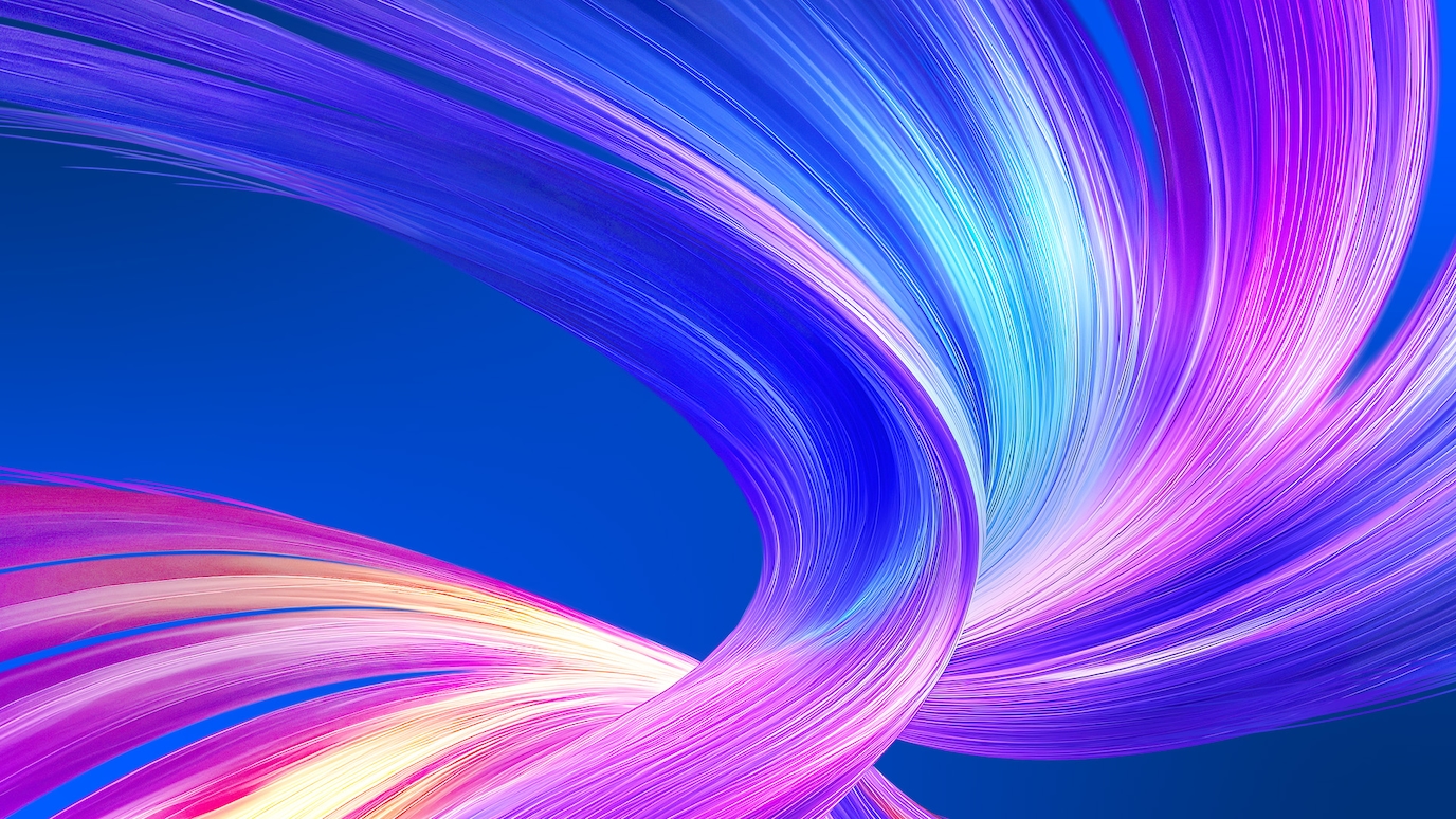 Abstract flowing neon ribbons in purple, pink, and blue on a deep blue background