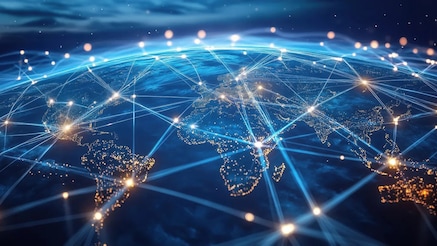 Graphic of globe with connected light points on land masses 