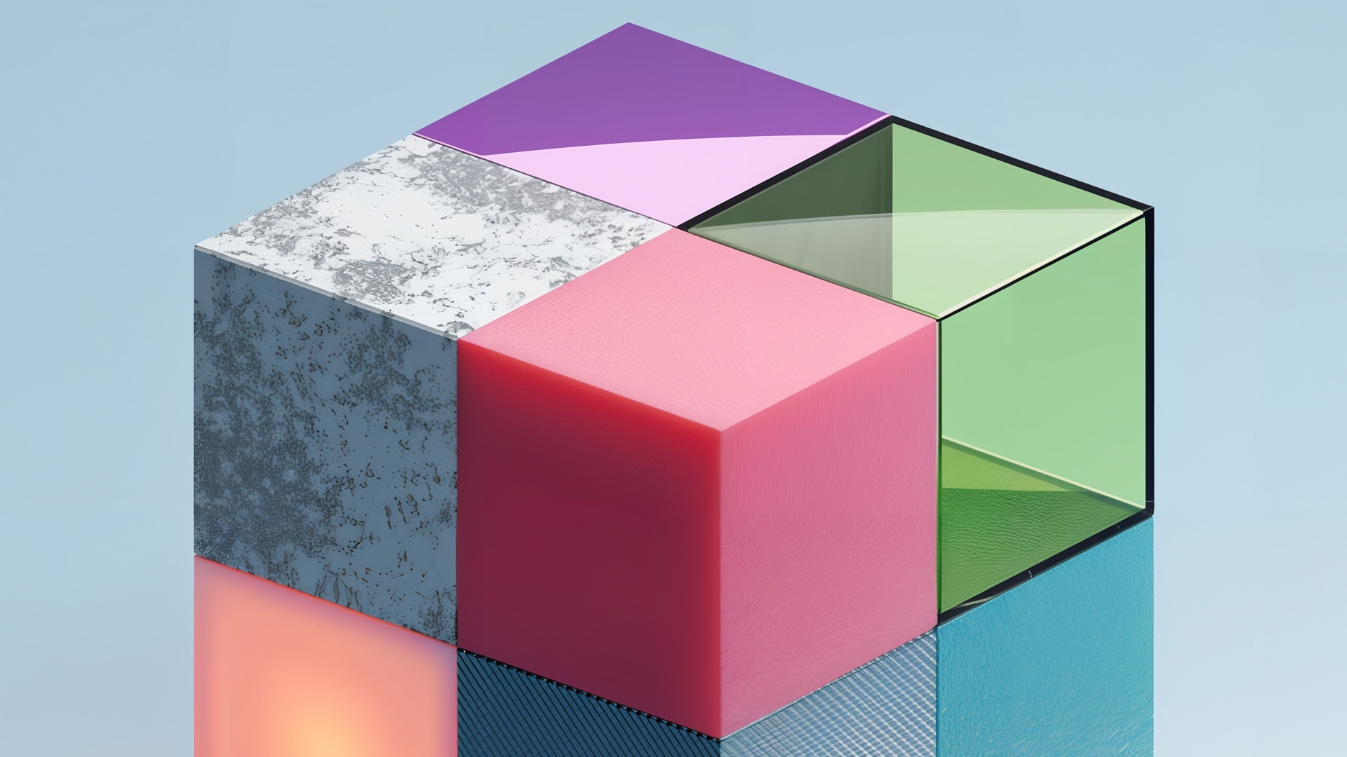 Abstract 3D geometric cubes in pastel colors with glass and textured surfaces on blue background.