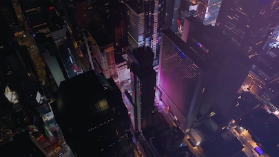 Overhead view of city block at night