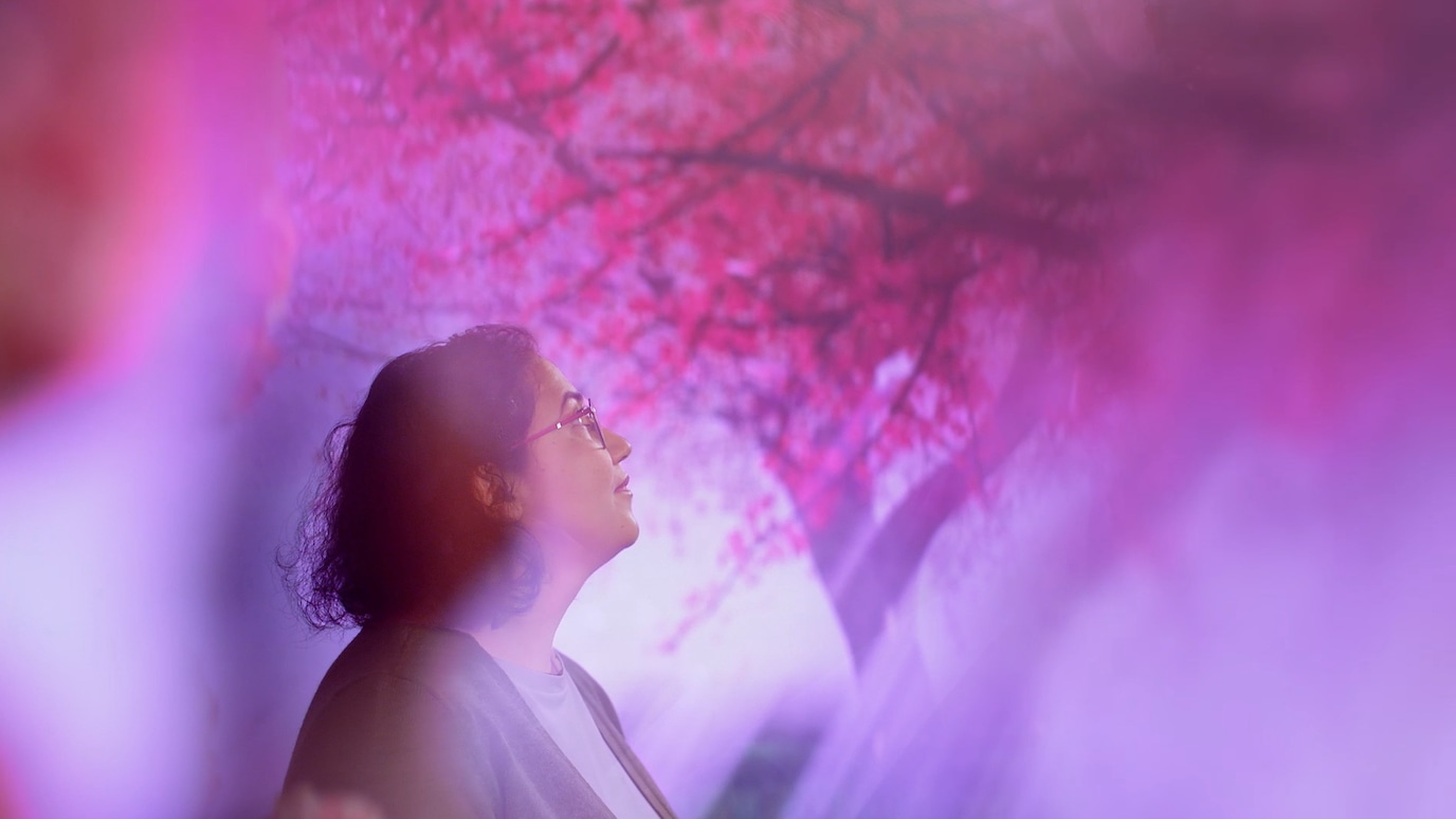 Woman wearing glasses looking up at cherry blossom tree, with blurred pink, purple tree outline.