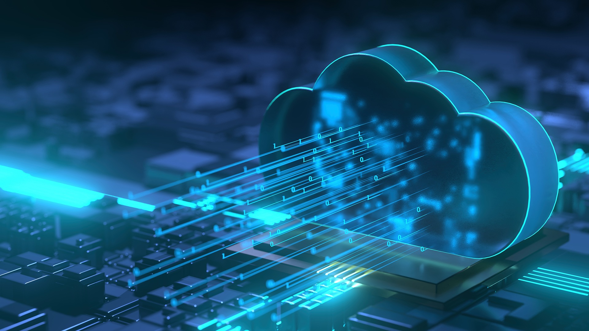 Graphic of  binary numbers passing through cloud symbol above circuit board
