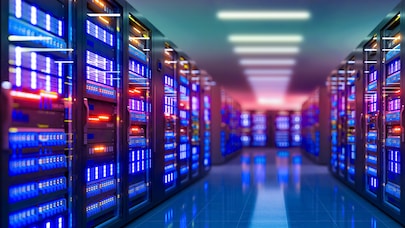 Data center server racks in a large facility