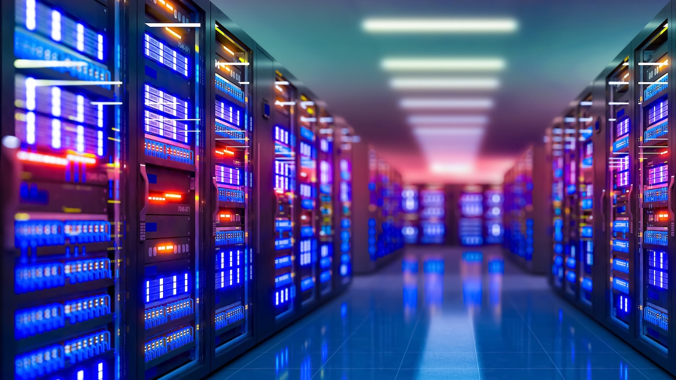 Data center server racks in a large facility