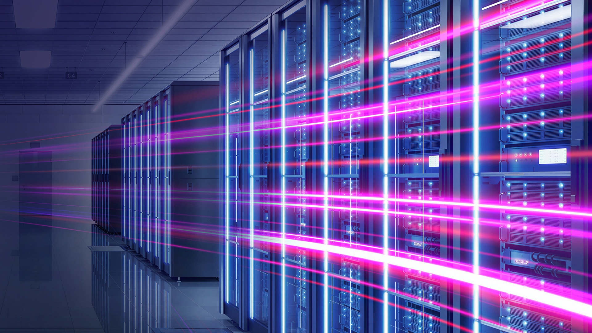 Server rack cabinets connected by trailers of light