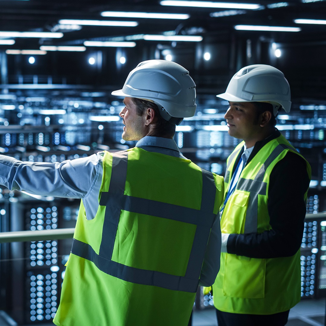 Two men in hardhats and hi-viz vests in data center