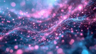 An abstract, detailed close-up of dynamic data paths cascading and  spreading outward. Glowing neon pink and blue particles resemble both biological synapses and fiber optic data streams.