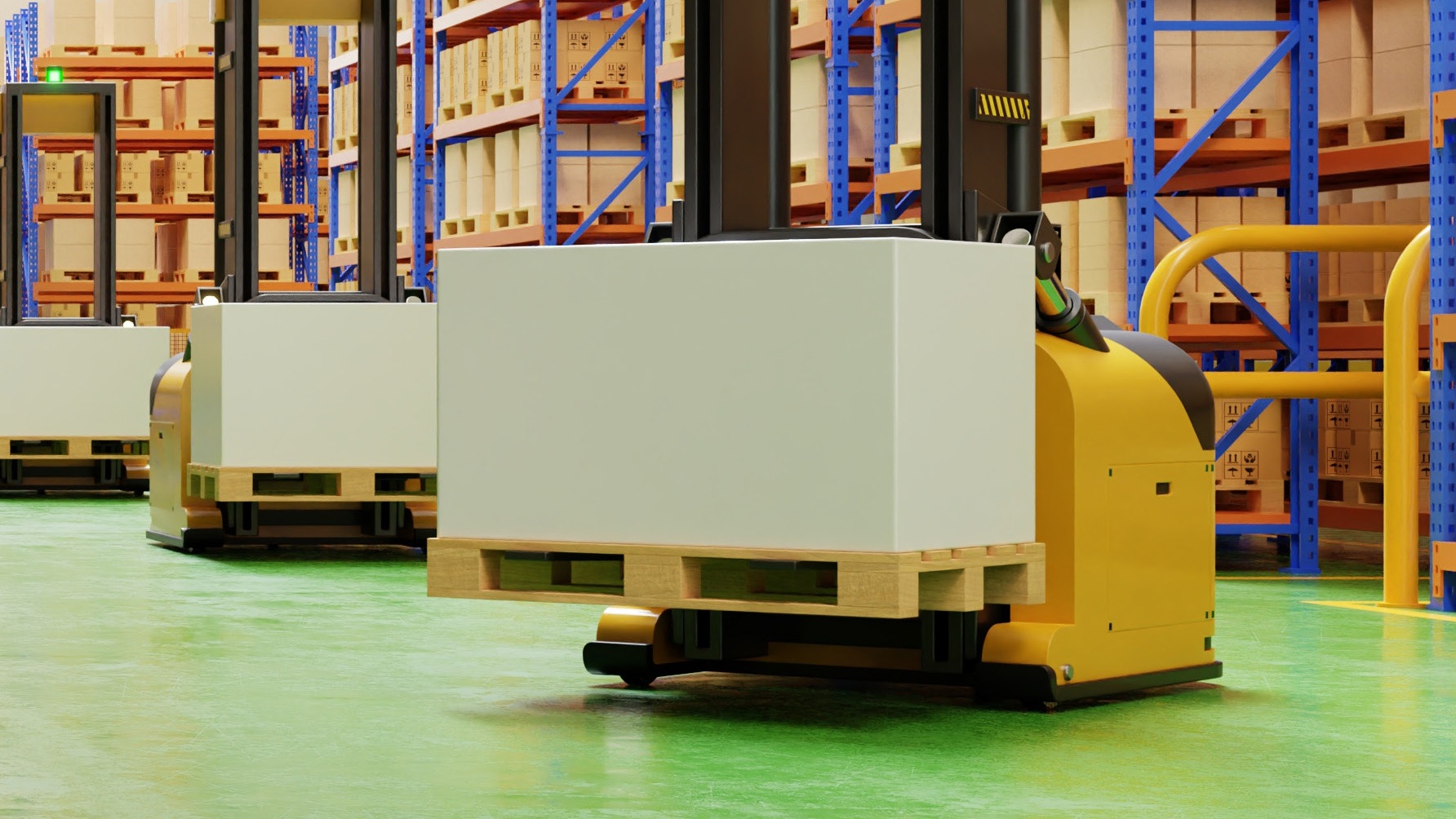 Automated forklift truck lifting goods on a palette in a smart warehouse