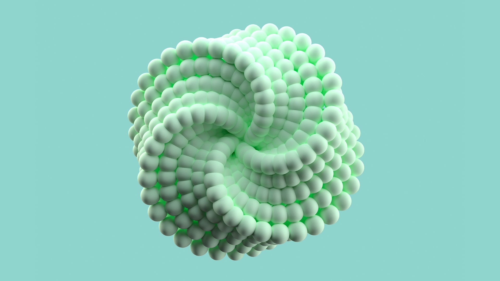Abstract 3D sphere formed by interconnected white beads with soft green glow on pastel background.