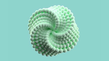 Abstract 3D sphere formed by interconnected white beads with soft green glow on pastel background.