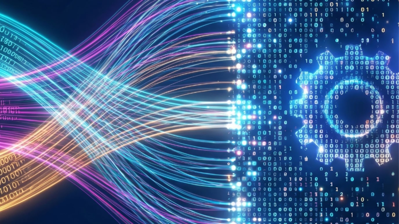 Colorful data streams flowing into a digital gear, representing AI-driven network operations.