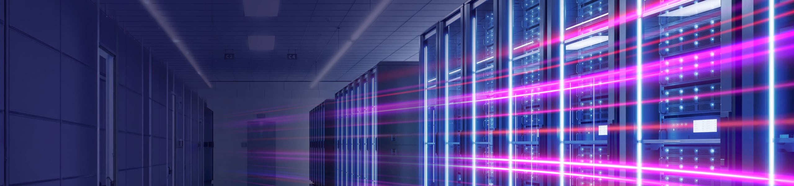 Server rack cabinets connected by trailers of light