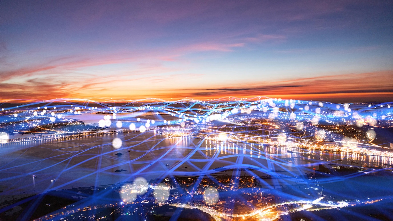 Illustration of light connecting points in city