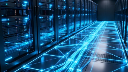 Lines of light in front of data center server cabinets