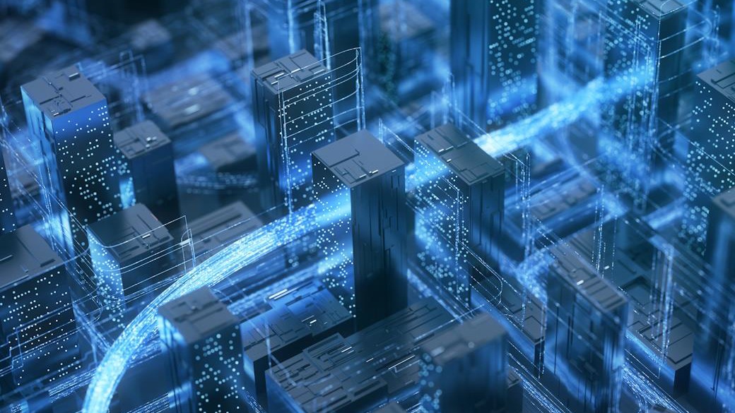 Illustration of light moving through city skyscrapers at night 