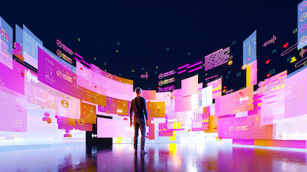 Man standing in front of bank of curved screen full of data visualisations