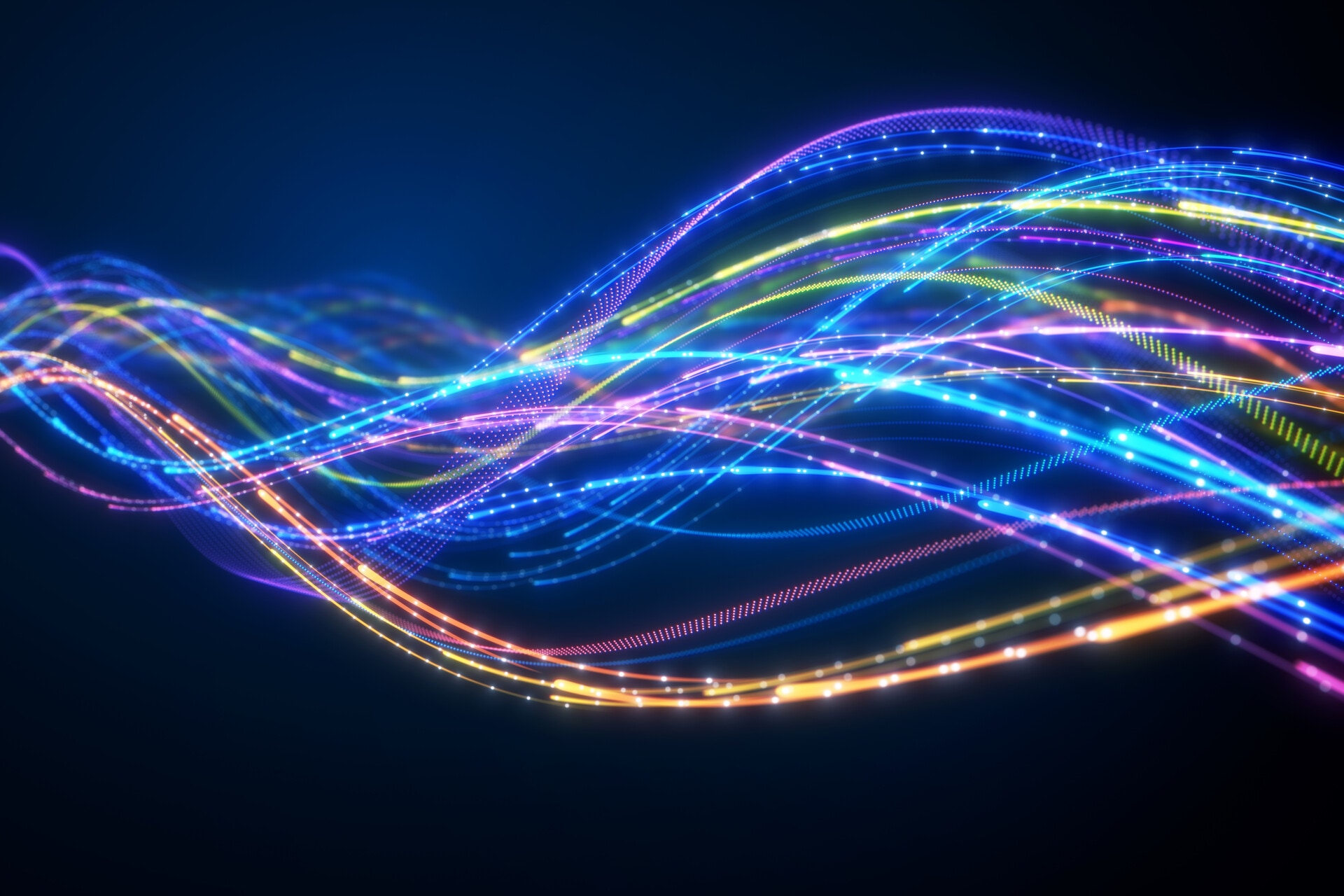 Abstract blue light streams representing video data moving through an AI-enhanced, standards-based software workflow.