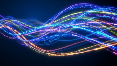 Abstract blue light streams representing video data moving through an AI-enhanced, standards-based software workflow.
