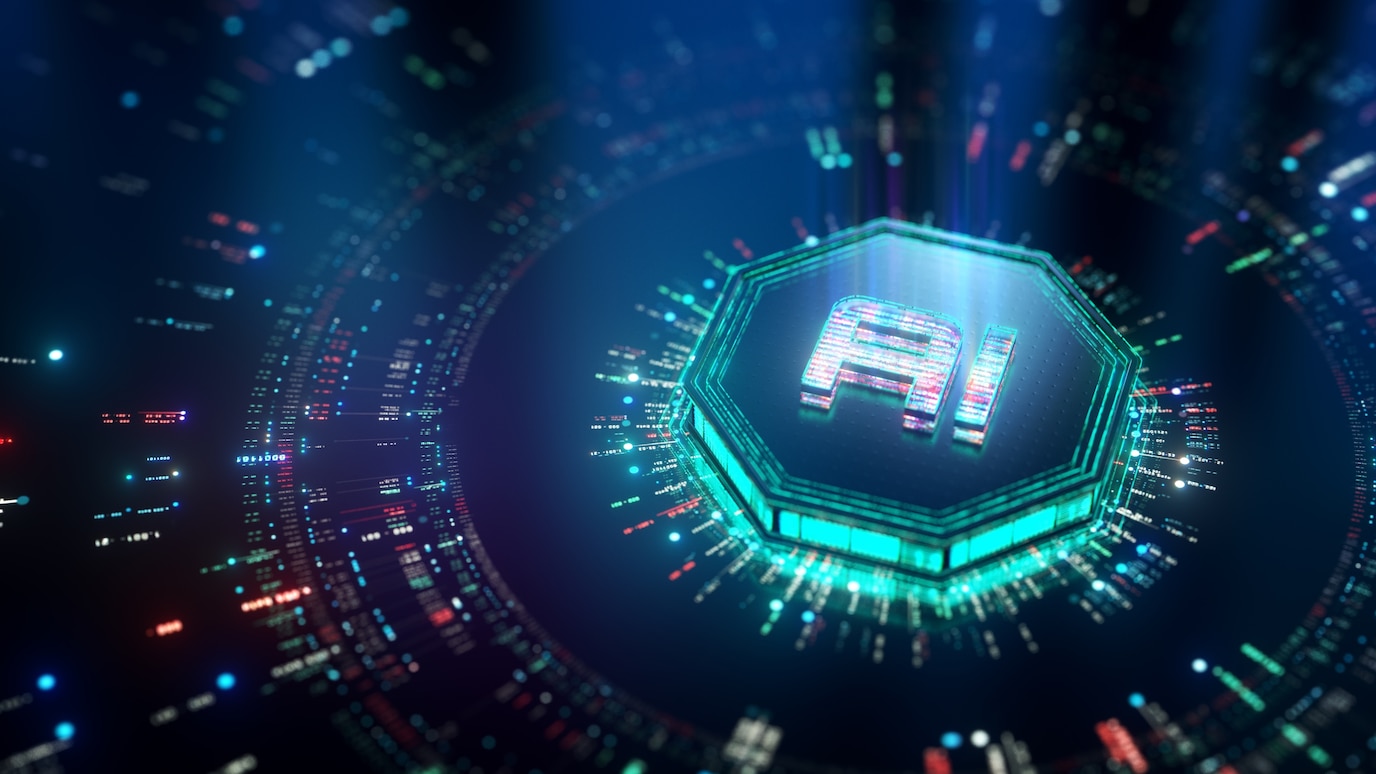 AI chip at the center of a digital network representing artificial intelligence and advanced computing systems.