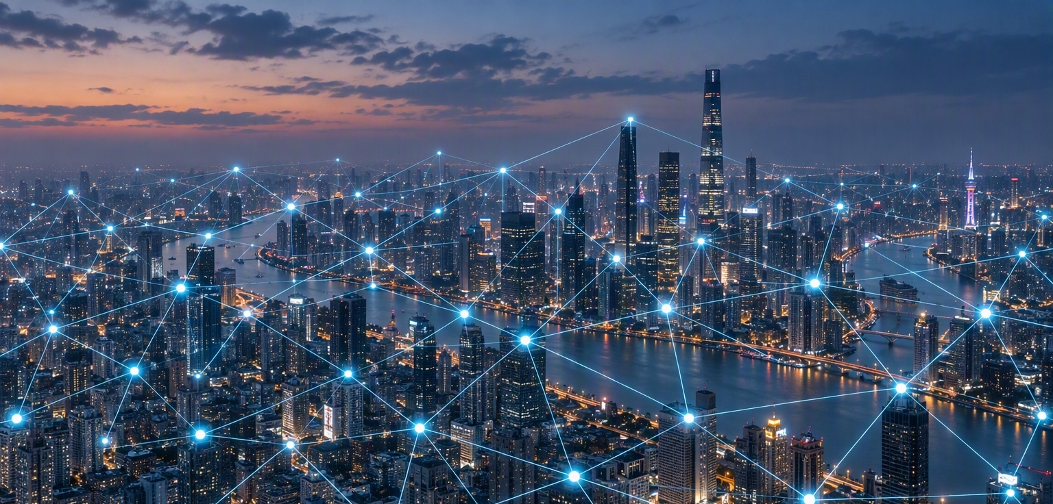 Metropolitan skyline overlaid with interconnected network nodes representing distributed AI inference connectivity across multiple locations.