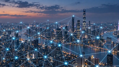 Metropolitan skyline overlaid with interconnected network nodes representing distributed AI inference connectivity across multiple locations.