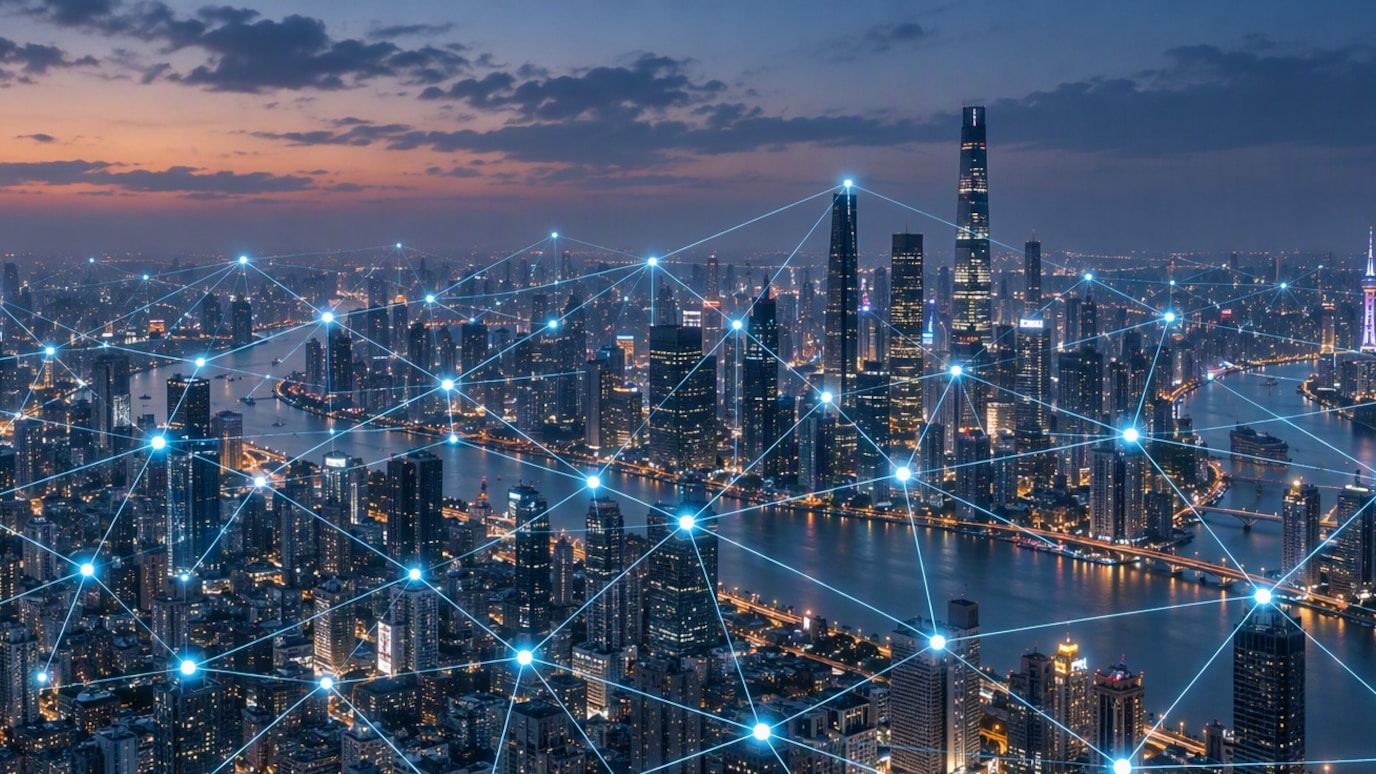 Metropolitan skyline overlaid with interconnected network nodes representing distributed AI inference connectivity across multiple locations.