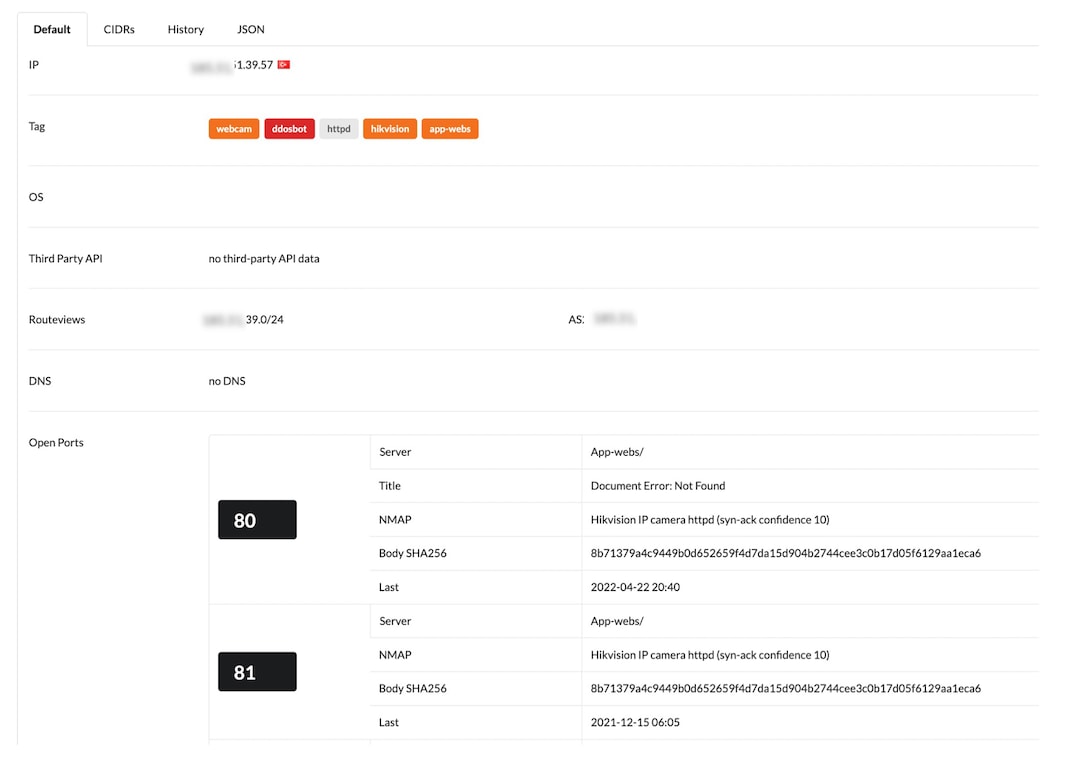 Figure 4: Deepfield Secure Genome identifies 185.51.39.57 as Hikvision model 7513