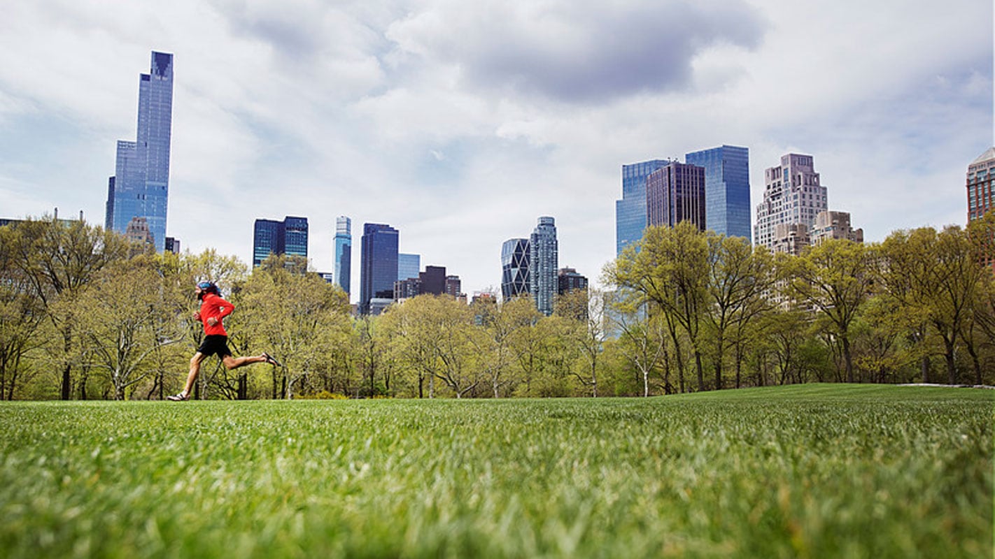 A runner in a red top jogging through a grassy area of Central Park in New York City. The foreground features a lush green lawn, while the background showcases the iconic Manhattan skyline with its towering skyscrapers.